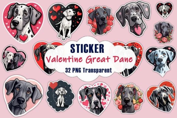 Valentine Great Dane Dog Stickers PNG Bundle
